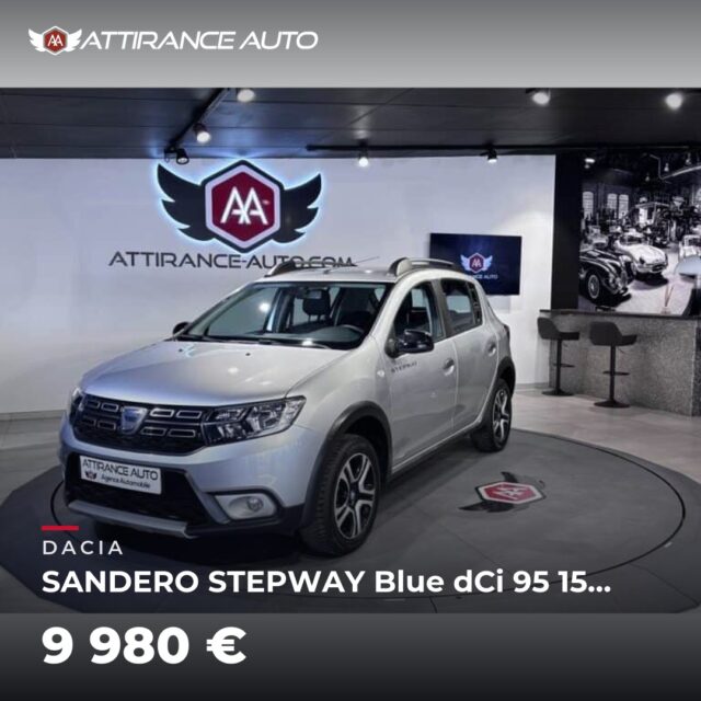 ✨ Disponible chez Attirance Auto ! 🚘 DACIA SANDERO STEPWAY Blue dCi 95 15 ème Anniversaire ⏱️ 2020 · 123 348 km · Diesel · boîte manuelle · 95 ch 💰 9 980 € ✅ Ga