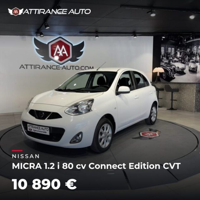 ✨ Disponible chez Attirance Auto ! 🚘 NISSAN MICRA 1.2 i 80 cv Connect Edition CVT ⏱️ 2014 · 103 855 km · Essence · boîte automatique · 80 ch 💰 10 890 € ✅ Garant