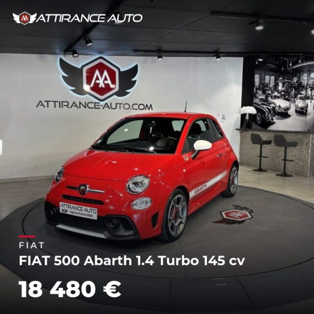✨ Disponible chez Attirance Auto ! 🚘 FIAT FIAT 500 Abarth 1.4 Turbo 145 cv ⏱️ 2022 · 31 064 km · Essence · boîte manuelle · 145 ch 💰 18 480 € ✅ Garantie incluse