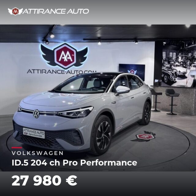 ✨ Disponible chez Attirance Auto ! 🚘 VOLKSWAGEN ID.5 204 ch Pro Performance ⏱️ 2023 · 73 133 km · Electrique · boîte automatique · 204 ch 💰 27 980 € ✅ Garantie 