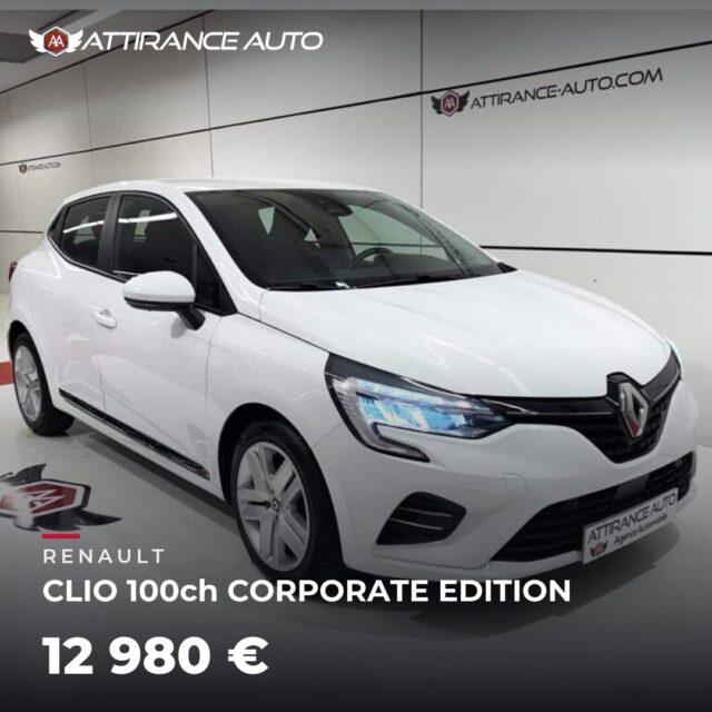 ✨ Nouveauté sur le parc ! 🚘 RENAULT CLIO 100ch CORPORATE EDITION 🔧 2020 · 39 980 km · Essence · boîte manuelle · 100 ch 💰 12 980 € ✅ Garantie incluse · Livraiso