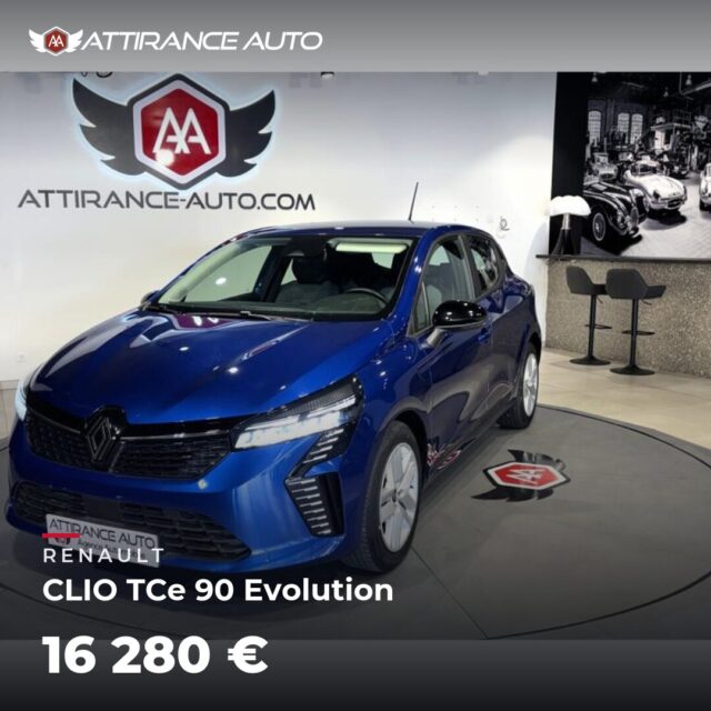✨ Disponible chez Attirance Auto ! 🚘 RENAULT CLIO TCe 90 Evolution ⏱️ 2023 · 18 279 km · Essence · boîte manuelle · 91 ch 💰 16 280 € ✅ Garantie incluse · Livrai