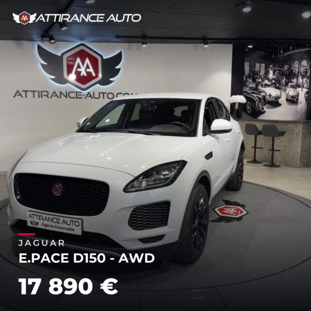 ✨ Disponible chez Attirance Auto ! 🚘 JAGUAR E.PACE D150 - AWD ⏱️ 2018 · 92 729 km · Diesel · boîte manuelle · 150 ch 💰 17 890 € ✅ Garantie incluse · Livraison p