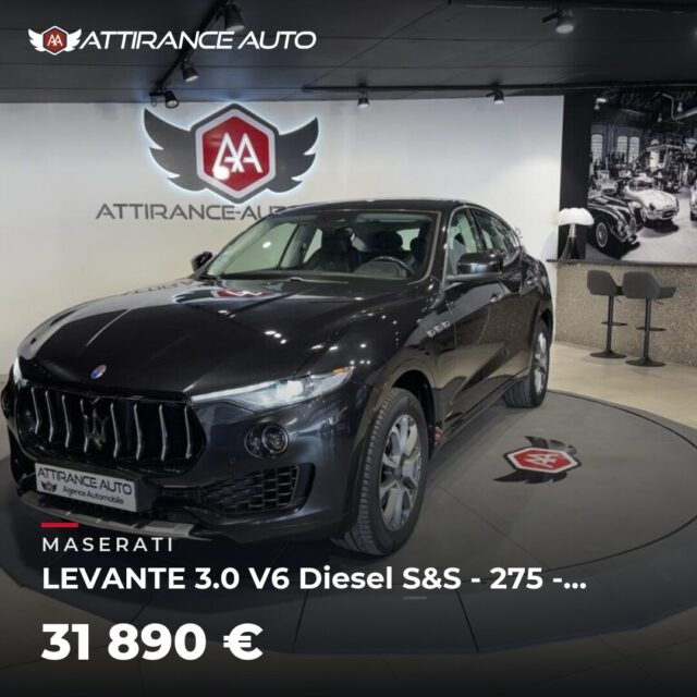 ✨ Disponible chez Attirance Auto ! 🚘 MASERATI LEVANTE 3.0 V6 Diesel S&S - 275 - BVA . PHASE 1 ⏱️ 2016 · 116 500 km · Diesel · boîte automatique · 275 ch 💰 31 89