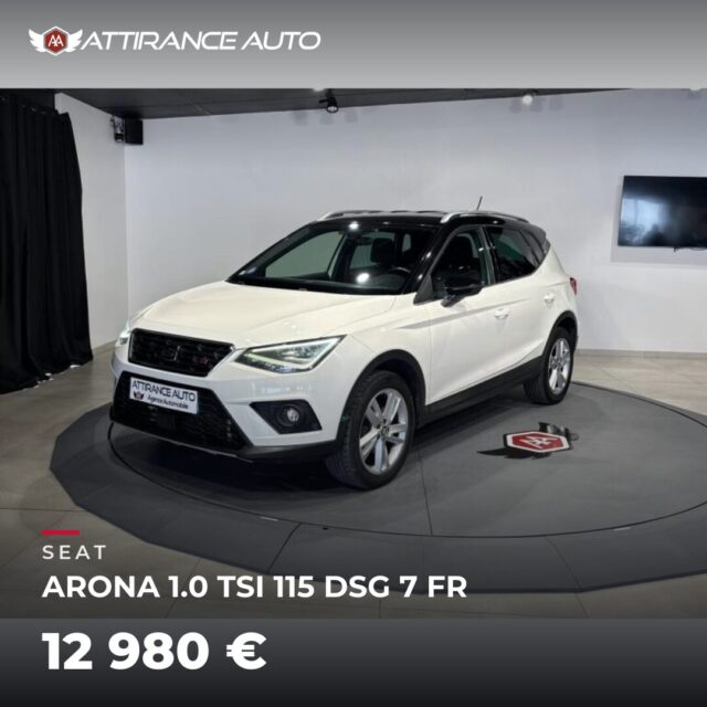 ✨ Disponible chez Attirance Auto ! 🚘 SEAT ARONA 1.0 TSI 115 DSG 7 FR ⏱️ 2019 · 135 987 km · Essence · boîte automatique · 115 ch 💰 12 980 € ✅ Garantie incluse ·