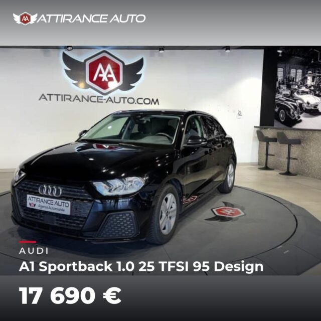 ✨ Disponible chez Attirance Auto ! 🚘 AUDI A1 Sportback 1.0 25 TFSI 95 Design ⏱️ 2021 · 75 814 km · Essence · boîte manuelle · 95 ch 💰 17 690 € ✅ Garantie inclus