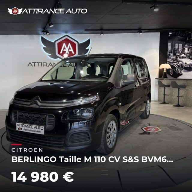 ✨ Disponible chez Attirance Auto ! 🚘 CITROEN BERLINGO Taille M 110 CV S&S BVM6 Live ⏱️ 2019 · 66 442 km · Essence · boîte manuelle · 110 ch 💰 14 980 € ✅ Garanti