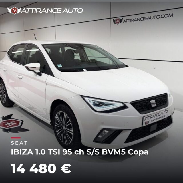 ⭐ Coup de cœur de la semaine ! 🚘 SEAT IBIZA 1.0 TSI 95 ch S/S BVM5 Copa 🔧 2022 · 45 700 km · Essence · boîte manuelle · 95 ch 💰 14 480 € ✅ Garantie incluse · Sa