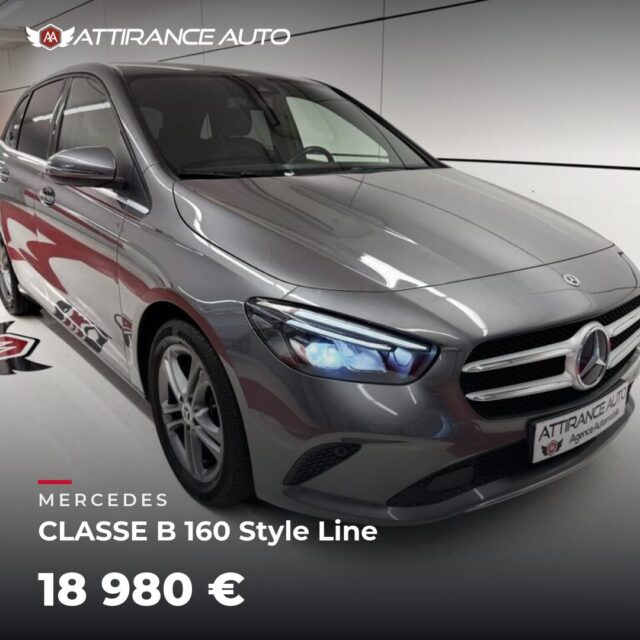 ⭐ Coup de cœur de la semaine ! 🚘 MERCEDES CLASSE B 160 Style Line ⏱️ 2020 · 61 508 km · Essence · boîte manuelle · 109 ch 💰 18 980 € ✅ Garantie incluse · Livrai