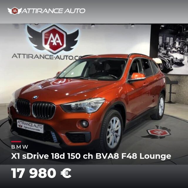 ✨ Disponible chez Attirance Auto ! 🚘 BMW X1 sDrive 18d 150 ch BVA8 F48 Lounge ⏱️ 2018 · 138 645 km · Diesel · boîte automatique · 150 ch 💰 17 980 € ✅ Garantie i