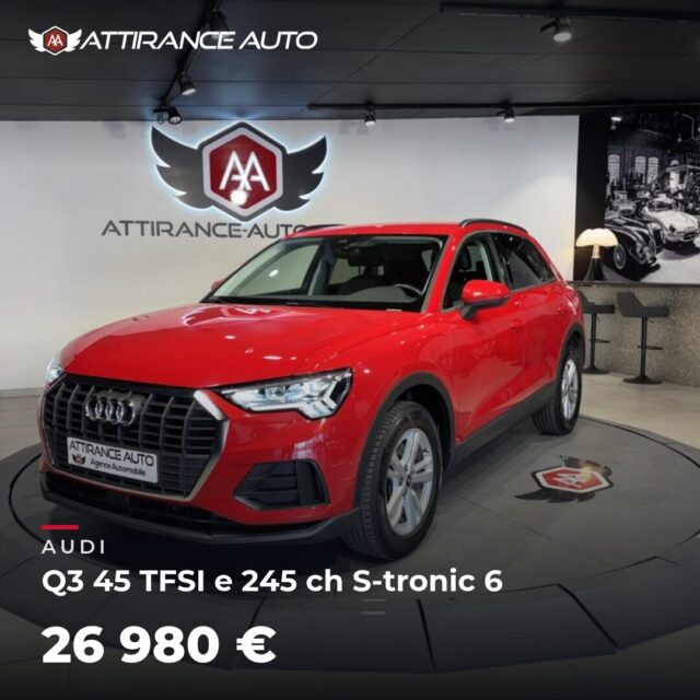 🔎 À découvrir dans notre parc ! 🚘 AUDI Q3 45 TFSI e 245 ch S-tronic 6 ⏱️ 2022 · 88 162 km · Hybride rechargeable essence · boîte automatique · 245 ch 💰 26 980 €