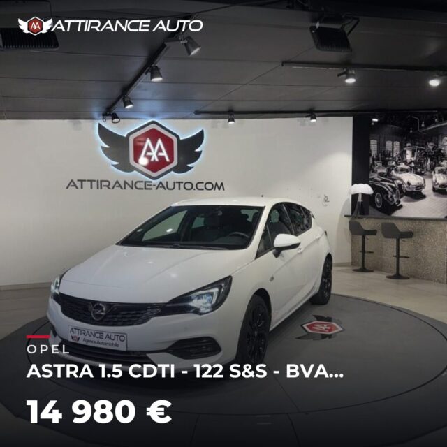 ✨ Disponible chez Attirance Auto ! 🚘 OPEL ASTRA 1.5 CDTI - 122 S&S - BVA Ultimate ⏱️ 2020 · 94 486 km · Diesel · boîte automatique · 122 ch 💰 14 980 € ✅ Garanti