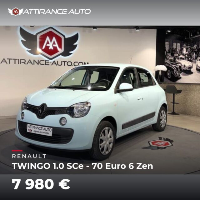 ✨ Disponible chez Attirance Auto ! 🚘 RENAULT TWINGO 1.0 SCe - 70 Euro 6 Zen ⏱️ 2016 · 84 663 km · Essence · boîte manuelle · 70 ch 💰 7 980 € ✅ Garantie incluse 