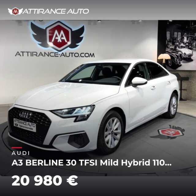 ⭐ Coup de cœur de la semaine ! 🚘 AUDI A3 BERLINE 30 TFSI Mild Hybrid 110 S tronic 7 ⏱️ 2022 · 73 205 km · Essence · boîte automatique · 110 ch 💰 20 980 € ✅ Gara